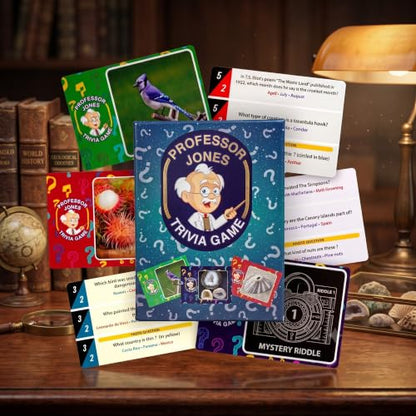 Professor Jones Trivia Card Game – 450 Multiple Choice Questions, 3 Difficulty Levels, Guess the Photo Challenge Cards – Party Activity for Teens, Family Game Night, Group Gatherings