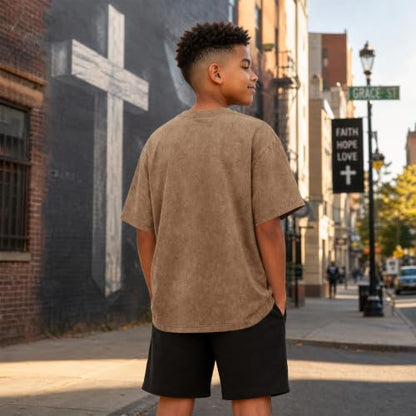 Boys Christian Shirts for Kids Jesus God Bible Verse Religious Faith T Shirt Youth Acid Wash Cross Graphic Tees Tops - color: Coffee, size: 7-8 Years
