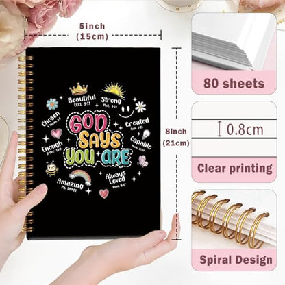 Lacama Bible Journal for Women, Christian Prayer Journal Black Notebook Gifts for Teen Girls Kids Women, Preppy Church Faith Journaling Hardcover Spiral Notebook 5.5x8.3 - color: God Says You Are-2-black