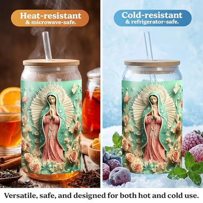 Virgin Mary Glass Cup with Lid and Straw, Religious Floral Illustration Clear Glass Tumbler, Bamboo Lid Iced Coffee Cup, Faith Inspired Art Glass Coffee Mug for Daily Use, 16oz