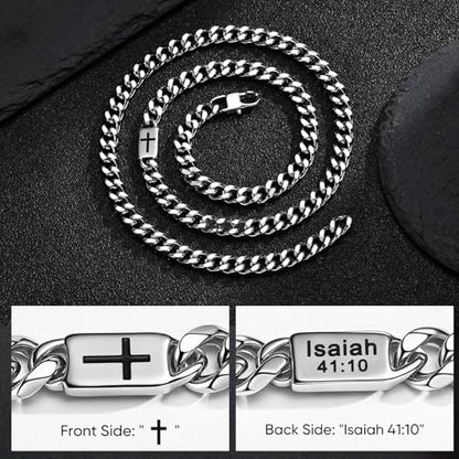 Stainless Steel Cuban Chain Cross Necklace for Mens Curb Link Waterproof - style: Isaiah 41:10
