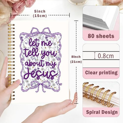Lacama Bible Journal for Women, Christian Prayer Journal Pureple Notebook Gifts for Teen Girls Kids Women, Coquette Preppy Bows Cute Church Faith Journaling Hardcover Spiral Notebook 5.5x8.3 inch - color: Let Me Tell You About My Jesus - Purple