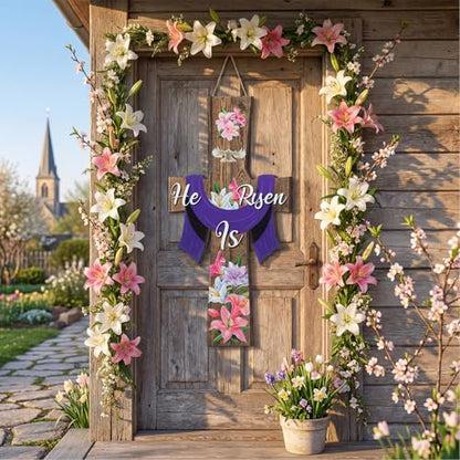Meooeck Large Easter He Is Risen Door Sign Wooden Religious Cross Hanging Decor Easter Wreaths for Front Door Christian Flowers Lent Hanging Hanger for Farmhouse Front Porch - style: He is Risen