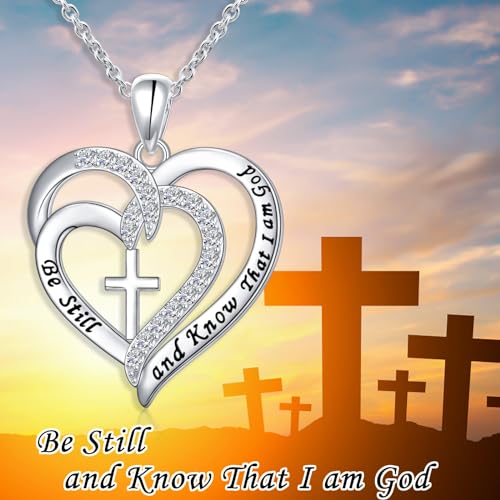 S925 Sterling Silver Christian Cross Heart Faith Bible Verse Necklace Rings - style: Be Still and Know That I am God
