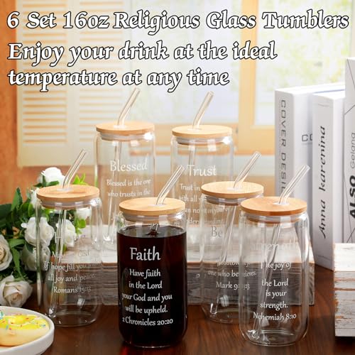 Maxcheck 6 Set 16 oz Christian Glass Cups with Lids and Straws, Gifts - style: Christian