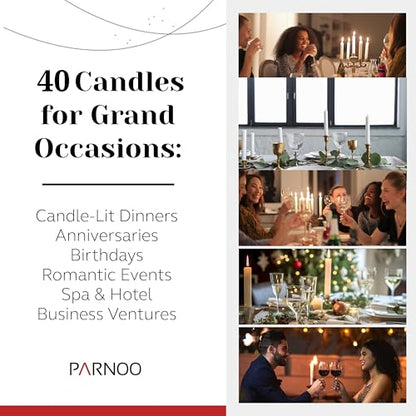 PARNOO 8" White Unscented Tapered Candles, 40 Pcs 7-Hour Long Burn Time, Dripless & No Soot - Hand-Dipped Tall Candles for Weddings, Dinners, Parties, & Special Occasions - size: 7 Hours Pack of 40