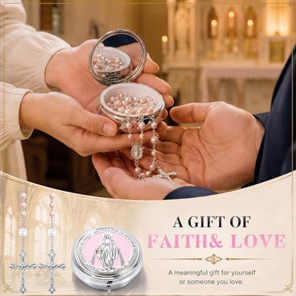 Jadive 24 sets Catholic Rosary Necklace, 6mm Glass Pearl Beads 8mm Our Father Bead Metal Gift Box for Women Men Prayer Gift - color: Pink