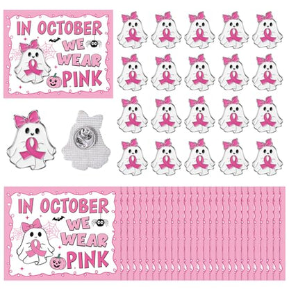 Quelay 30 Sets Breast Cancer Awareness Lapel Pins with Card Bulk Halloween Ghost Pink Ribbon Gifts Accessories for Women Survivor Public School Charity Events Gift Supplies - style: Breast Cancer Awareness