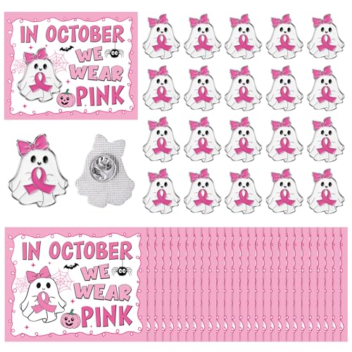 Quelay 30 Sets Breast Cancer Awareness Lapel Pins with Card Bulk Halloween Ghost Pink Ribbon Gifts Accessories for Women Survivor Public School Charity Events Gift Supplies - style: Breast Cancer Awareness