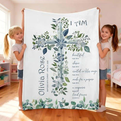 Personalized Baptism Blanket for Girl, Custom Blue Floral Cross Blanket, Christian Christening Gift, Catholic Scripture Baby Blankets, Baptized in Christ Throw, Goddaughter Keepsake - color: #Ver12