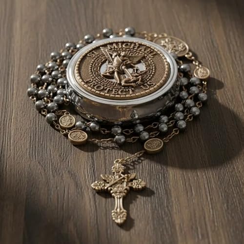 Nazareth Store St Michael Rosary Hematite Stone Beads Necklace Metal Beaded Glory Beads Archangel Medal & Cross with Metal Gift Box - color: Bronze | St.Michael Cross