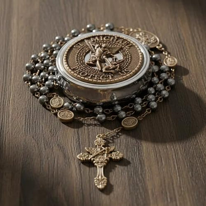 Nazareth Store St Michael Rosary Hematite Stone Beads Necklace Metal Beaded Glory Beads Archangel Medal & Cross with Metal Gift Box - color: Bronze | St.Michael Cross