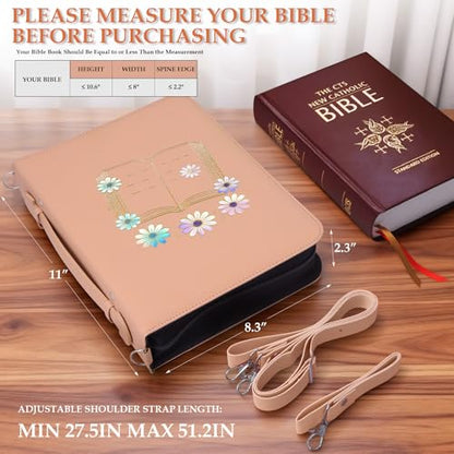 AKONEGE Pink Bible Cover with Handle & Shoulder Strap for Women Girls - color: Pink