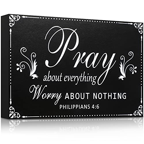Yulejo Pray About Everything Worry About Nothing Sign Religious Scripture Inspirational Word Plaque Black Bible Verses Plaque Wall Decor Wooden Table Centerpieces Christmas Decorations, 7.9 x 5.1 Inch