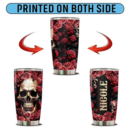 Personalized Rose And Skull Tumbler Gifts for Women Travel Cup Coffee Mug Insulated Stainless Steel 20oz With Lid Water Bottle Gift for Mom Wife Daughter Girls - color: SKULL ROSE