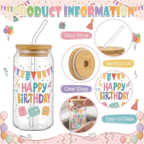 Glass Cups with Lids and Straws, 4Pack, 16oz, Birthday Party - color: Happy Birthday