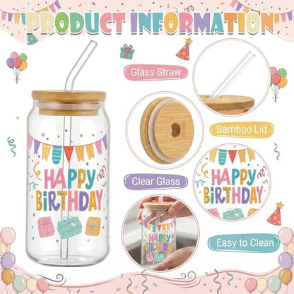 Glass Cups with Lids and Straws, 4Pack, 16oz, Birthday Party - color: Happy Birthday