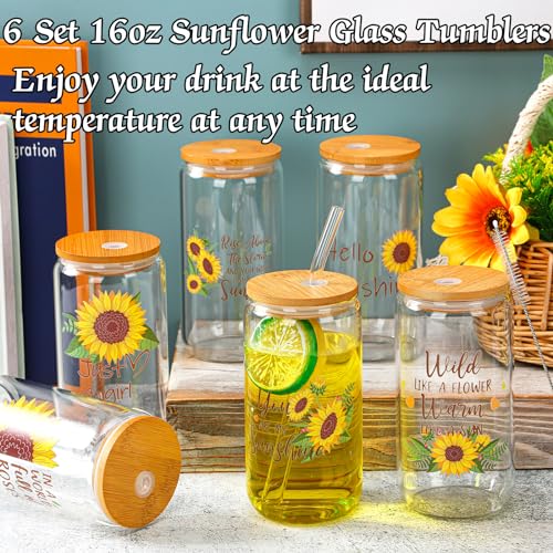 Maxcheck 6 Set 16 oz Sunflower Glass Cups with Bamboo Lids and Straws - style: Sunflower