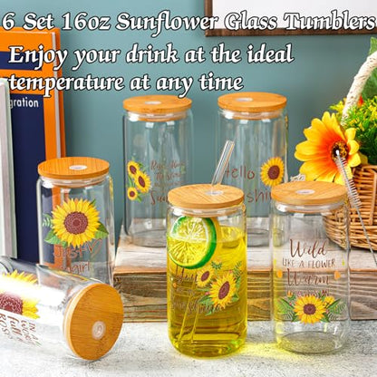 Maxcheck 6 Set 16 oz Sunflower Glass Cups with Bamboo Lids and Straws - style: Sunflower
