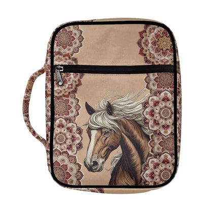 Suobstales Boho Mandala Horse Print Bible Cover Carrying Book Case for Women Men Lightweight Bible Bag Bible Protective with Handle and Zippered Pocket - color: Boho Mandala Horse
