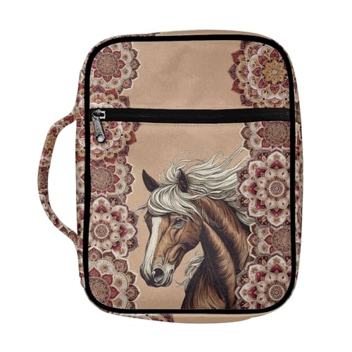 Suobstales Boho Mandala Horse Print Bible Cover Carrying Book Case for Women Men Lightweight Bible Bag Bible Protective with Handle and Zippered Pocket - color: Boho Mandala Horse