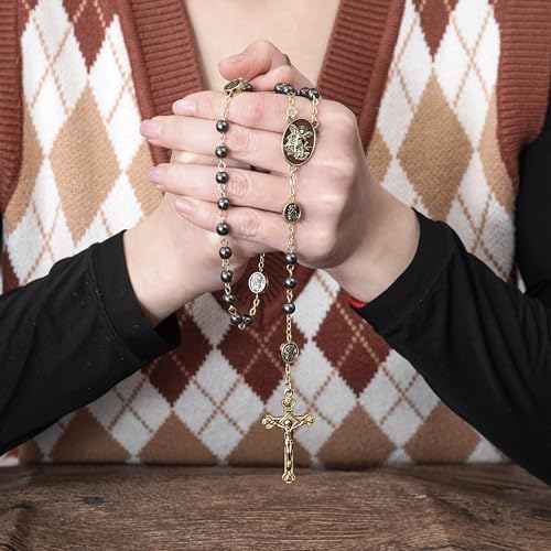 Nazareth Store St Michael Rosary Hematite Stone Beads Necklace Metal Beaded Glory Beads Archangel Medal & Cross with Metal Gift Box - color: Black, yellow