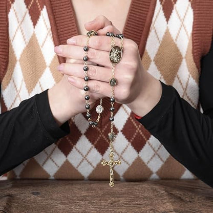 Nazareth Store St Michael Rosary Hematite Stone Beads Necklace Metal Beaded Glory Beads Archangel Medal & Cross with Metal Gift Box - color: Black, yellow