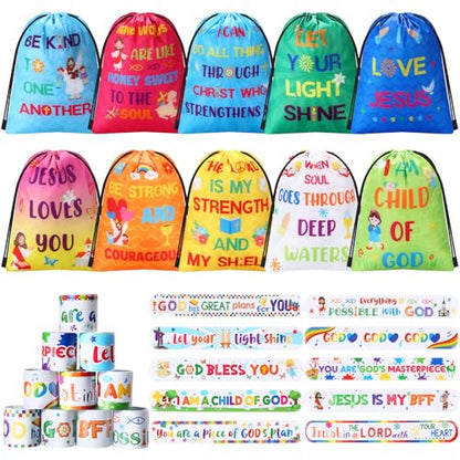 Frienda 20 Pcs Christian Party Favors Includes 10 Bible Verse Drawstring Backpack Bags and 10 Religious Slap Bracelets for VBS Birthday Gifts Church Sunday School Prizes Supplies(Stylish) - style: Stylish