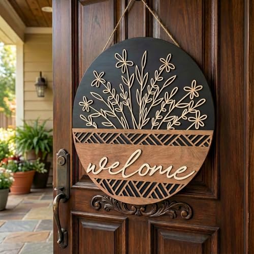 3D Round Wooden Welcome Sign Rustic Front Door Decor Floral Porch Outdoor - color: 1 Brown
