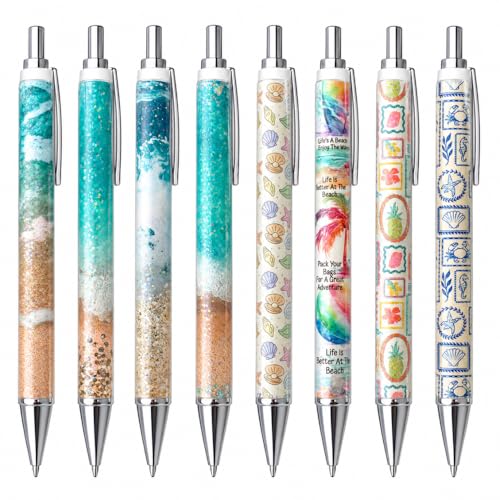 8PC Glittery Beach Pens Cute Sparkly Sea Shells Coconut Trees Sea Animals Ocean Tropical Theme Pen Party Treats Office Supplies Summer Cruise Gifts For Travelers Coworkers Friends Teachers Nurses - style: Beach