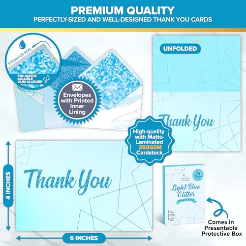 Decorably 24 Pack Glittery 6x4in Light Blue Thank You Cards with Envelopes - style: Light Blue