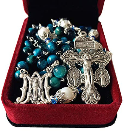elegantmedical HANDMADE Peacock Blue Tiger Eye Beads Prayer Beads & (AAA) 10mm Pearl Catholic 5 Decade Rosary Cross Necklace Gift Box Italy Parden Crucifix