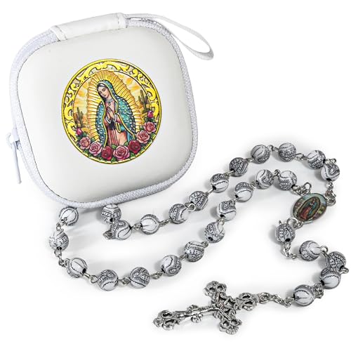 Handmade Rosary Beads for Women, Elegant Catholic Gifts for First Communion, Confirmation & Spiritual Prayer, Unique Beaded Rosary Necklace with Zippered Case - color: White - Our Lady of Guadalupe