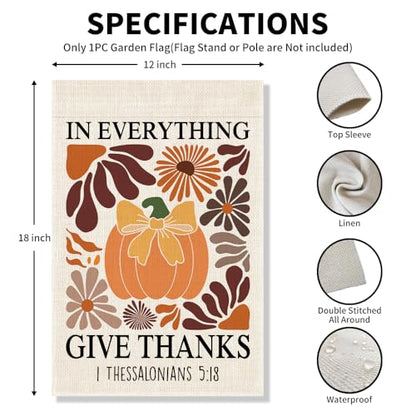 In Everything Give Thanks Garden Flag, Christian Pumpkin Bible Banner, Floral Christian Fall Thanksgiving Harvest Yard Outdoor Decor for Farmhouse Holiday, Thanksgiving Flags Gifts for Women BFF