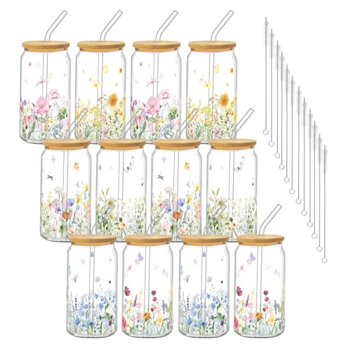 Drinking Cups with Lids, 12Pack, Glass, 16oz, Iced Coffee, Floral - style: 12Pcs Wildflower