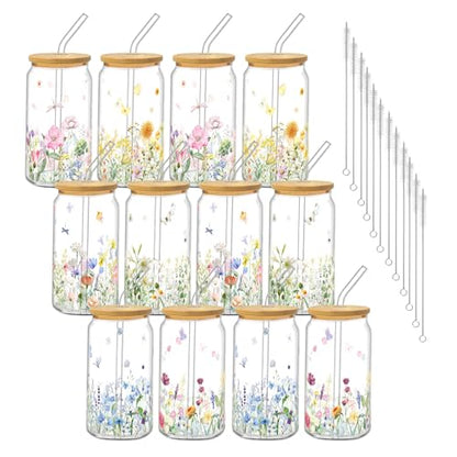 Drinking Cups with Lids, 12Pack, Glass, 16oz, Iced Coffee, Floral - style: 12Pcs Wildflower
