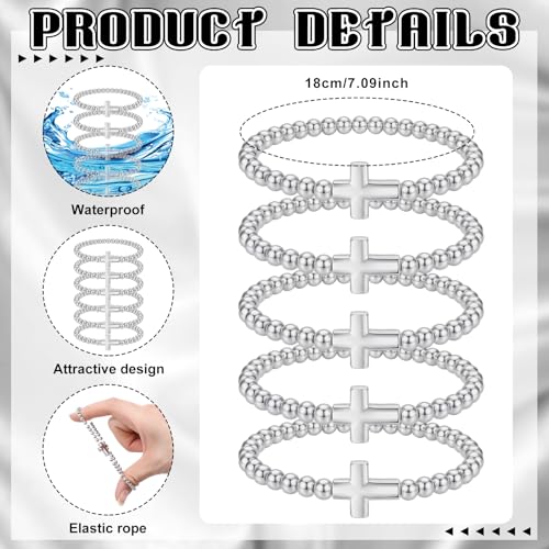 Cross Bracelets for Women Christian Bracelets Bulk Beaded Religious Gifts Jesus Faith Bracelet Stretch Stackable Church Jewelry Gift Communion Supplies Cheer Stocking Stuffers for Party - color: Silver