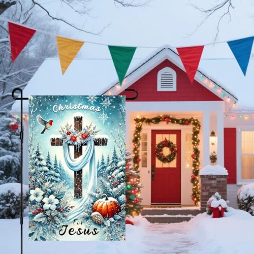IVN Christmas For Jesus Garden Flag 12x18 Inch Double Sided - color: Snowy Cross Jesus