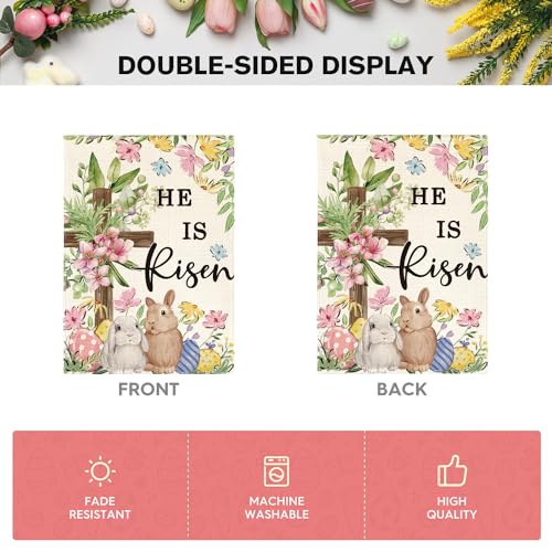 AVOIN colorlife Bunnies Cross He Is Risen Easter House Flag 28x40 Inch - size: House Size-28 x 40"