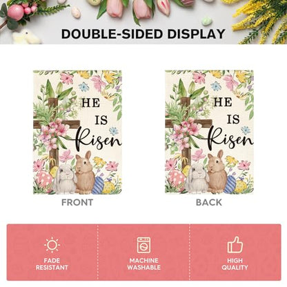 AVOIN colorlife Bunnies Cross He Is Risen Easter House Flag 28x40 Inch - size: House Size-28 x 40"