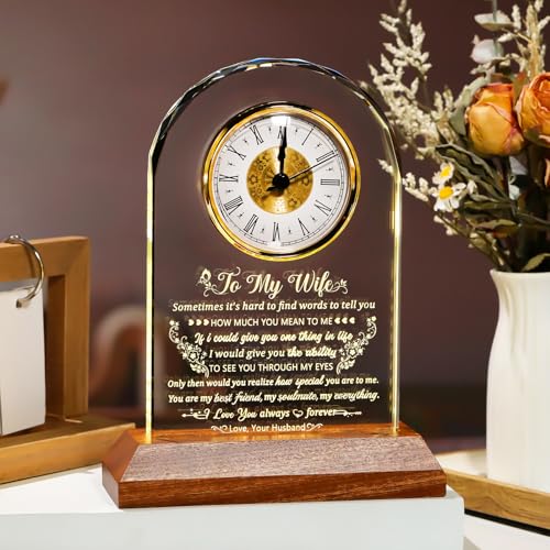 Arikyrist Glass Clock Gifts for Wife from Husband with Wooden Light Base - color: Wife