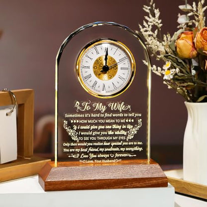 Arikyrist Glass Clock Gifts for Wife from Husband with Wooden Light Base - color: Wife
