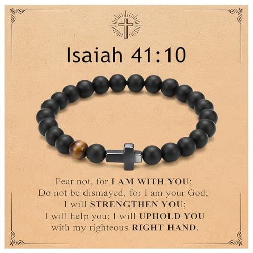 Men’s Cross Bracelet with Elastic Rope,Natural Stone Beaded Bracelet with Stainless Steel Cross,Black Agate & Tiger Eye, Religious Fashion Jewelry for Men/teen - color: B-Isaiah 41:10, size: 8