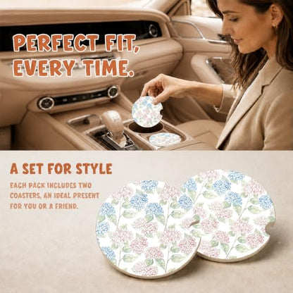 Blue Pink Hydrangea Car Coasters, Retro Coastal Floral Cup Holders, 21 - color: Blue Pink Hydrangea
