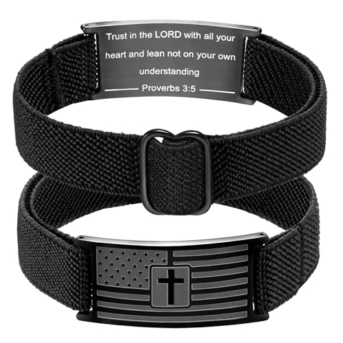 Easter Basket Stuffers - American Flag Cross Bracelet for Boys Men Freedom Adjustable Strap Christian Bracelets Engraved Bible Verses Inspirational Messages Religious Prayer Jewelry Gift Military Patriotic Wristbands - color: Black, size: Proverbs 3:5