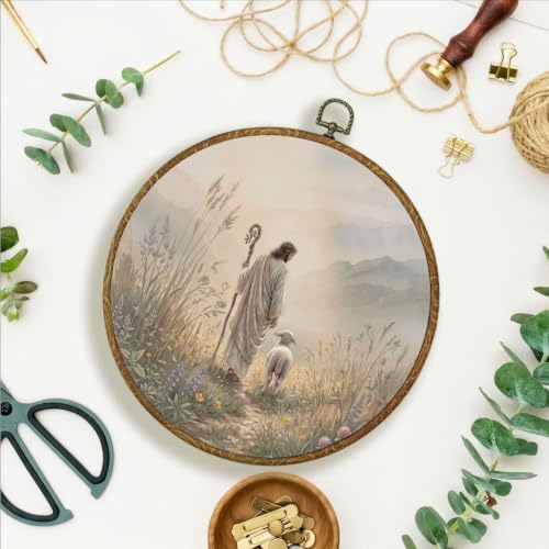LERJZEFUH Jesus and Lamb Christian Round Wall Art Framed 10x10 Inch - color: God