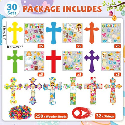 Qyeahkj 30 Set Vbs Christian Cross Necklace Craft Sunday School Cross Craft Kit for Kids DIY Religious Bible Vbs Sticker Ornament Arts Bulk Activities Decor for Church Classroom Party Supplies