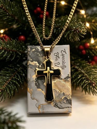 Men's Layered Cross Pendant Necklace, 2.1x1.2 inch Religious Charm, 21.6" 5mm Stainless Steel Cuban Chain, 18K Gold & Black Plated, Bonus 23.6" Square Pearl Chain, Marble Gift Box for Dad - color: Gold & Black