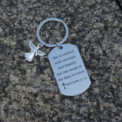 Inspirational Scripture Keychain with Angel Pendant - Bible Verse Key Chain Religious Gift for Christian - style: Proverbs 31:25