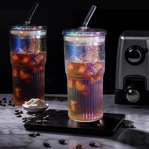 Joeyan 22oz Iridescent Glass Tumbler with Straw and Lid,Ribbed Glasses Cups - color: Iridescent glass tumbler
